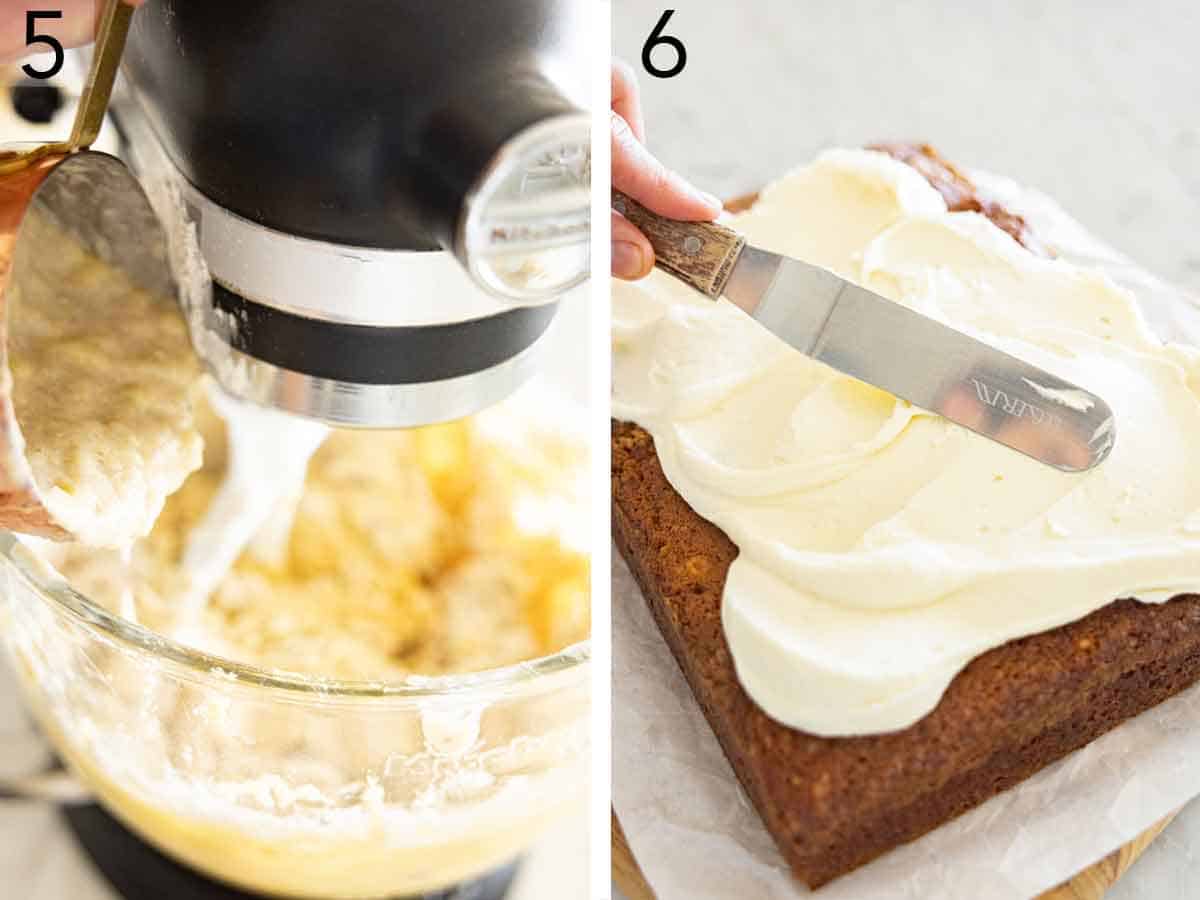 Set of two photos showing banana mixture added to the mixer and frosting spread over a cake.