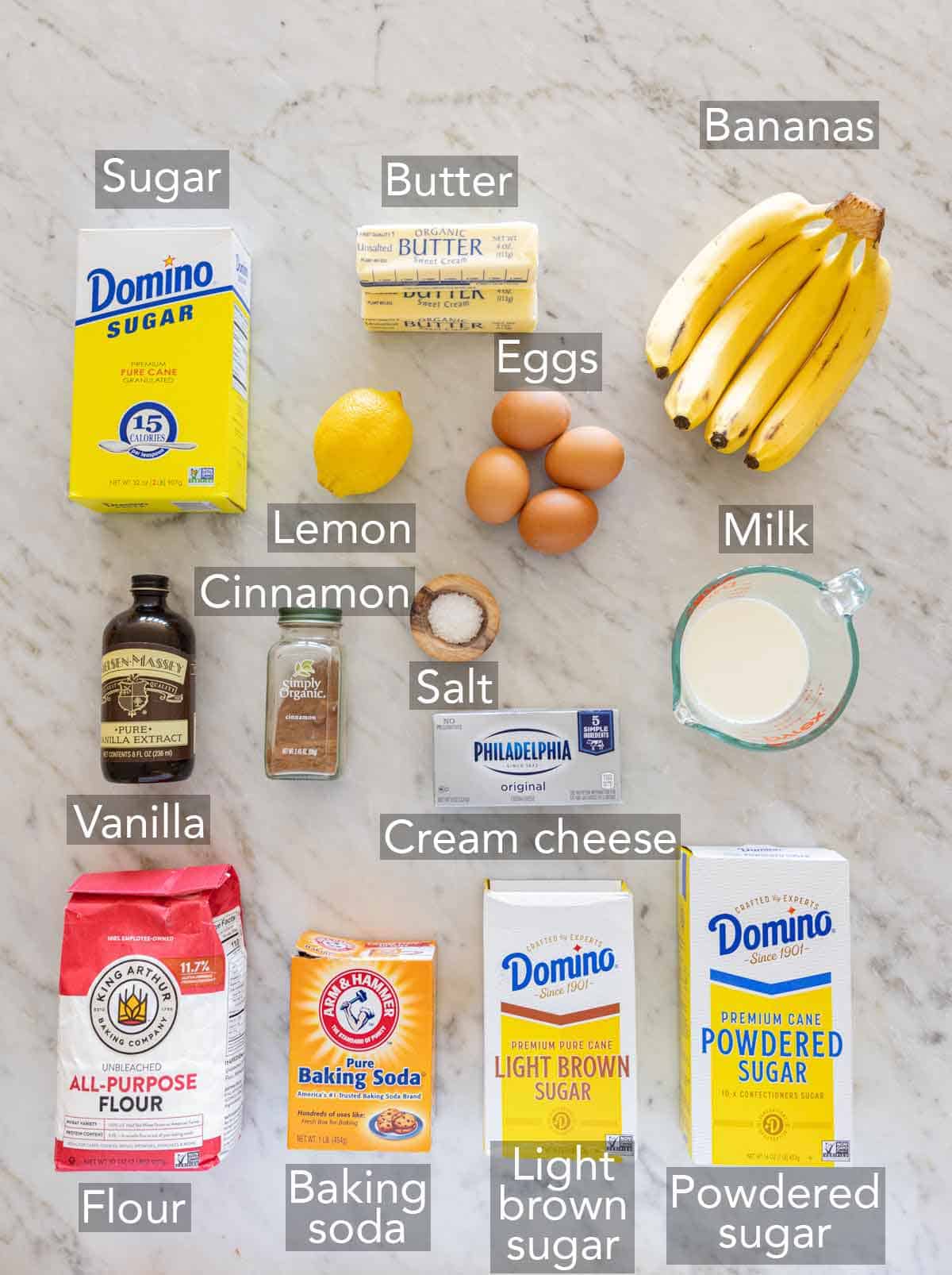 Ingredients needed to make banana cake.