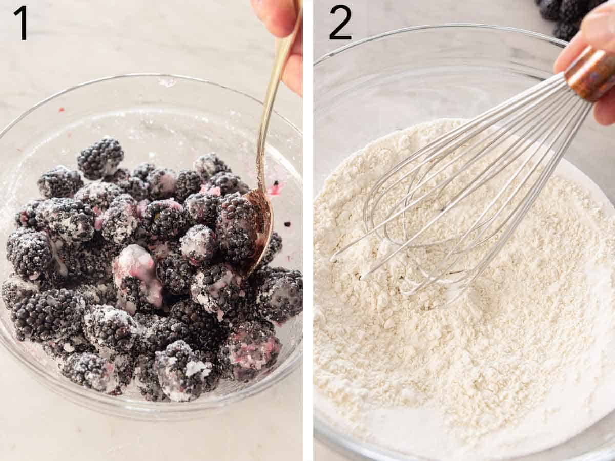 Set of two photos showing blackberries tossed in sugar and dry ingredients whisked together.