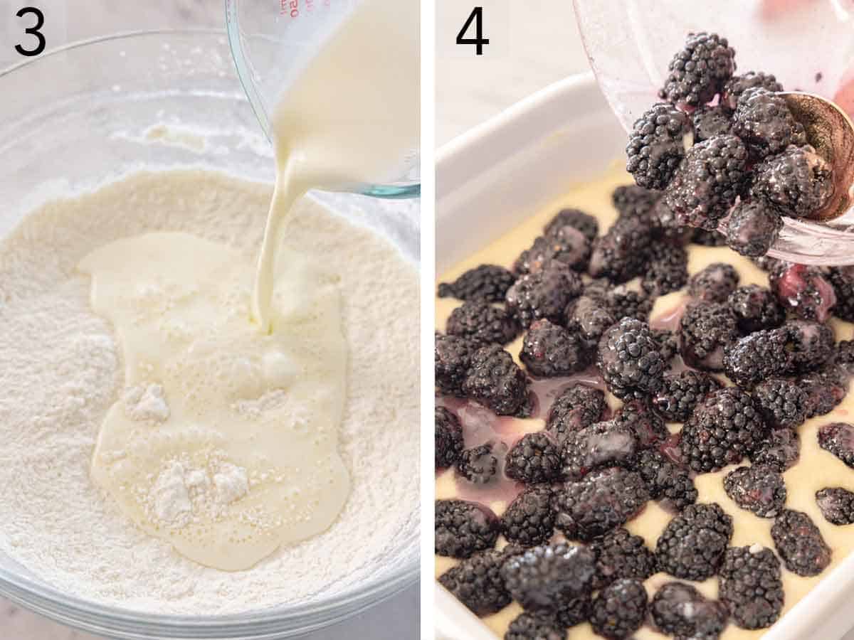 Set of two photos showing wet ingredients added to dry and berries added on top.