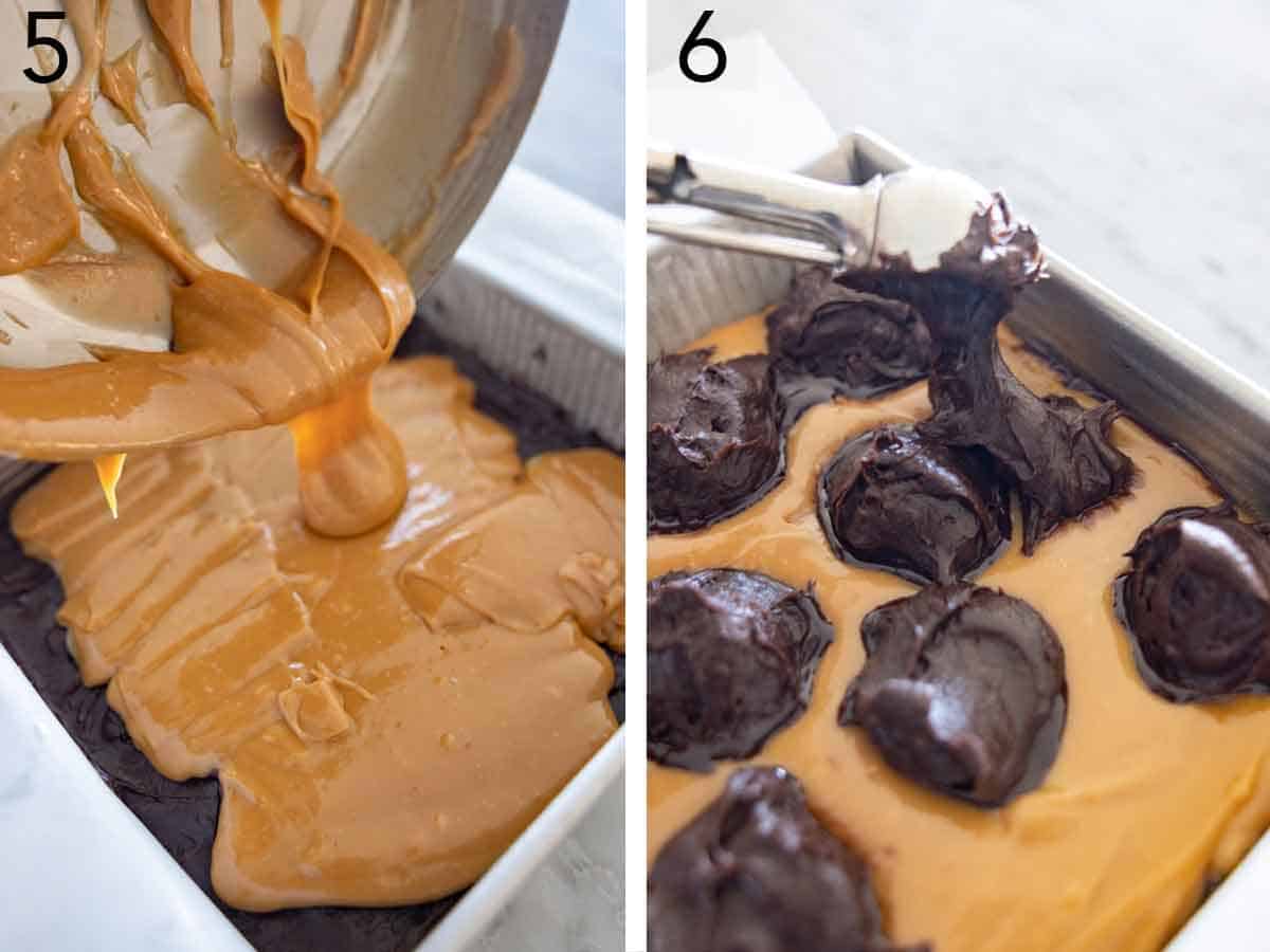 Set of two photos showing the brownie and caramel being layered in a pan.