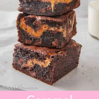 Pinterest graphic three caramel brownies stacked on top of each other, showing the caramel layer.