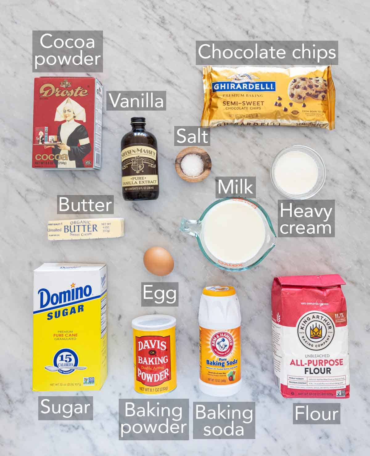 Ingredients needed to make chocolate donuts.