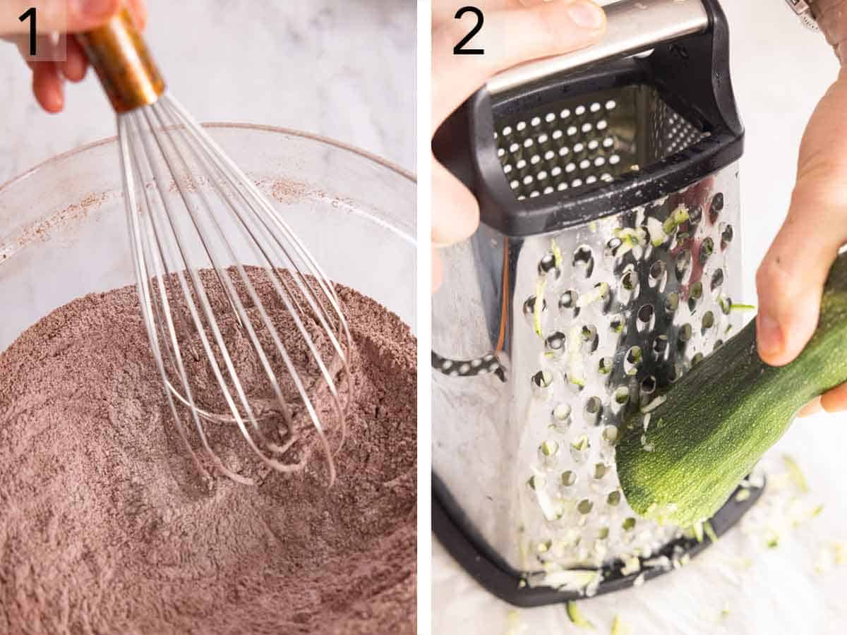 Set of two photos showing dry ingredients whisked and zucchini grated.