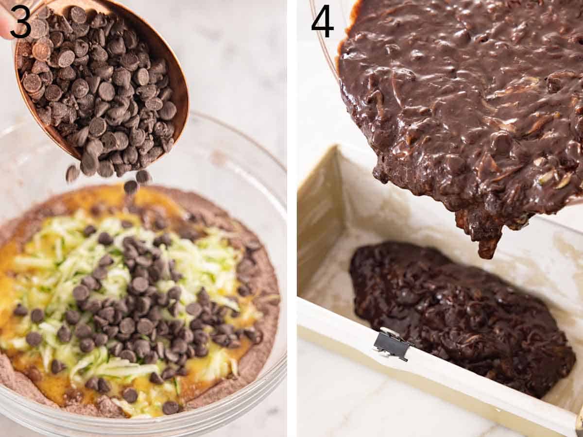 Set of two photos showing batter ingredients added to a bowl and then transferred to a lined loaf pan.