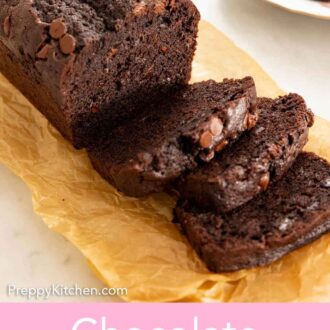 Pinterest graphic of a loaf of chocolate zucchini bread with three slices cut in front.