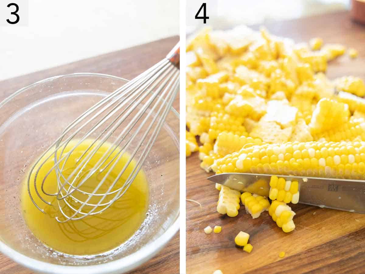 Set of two photos showing dressing whisked and corn kernels cut.