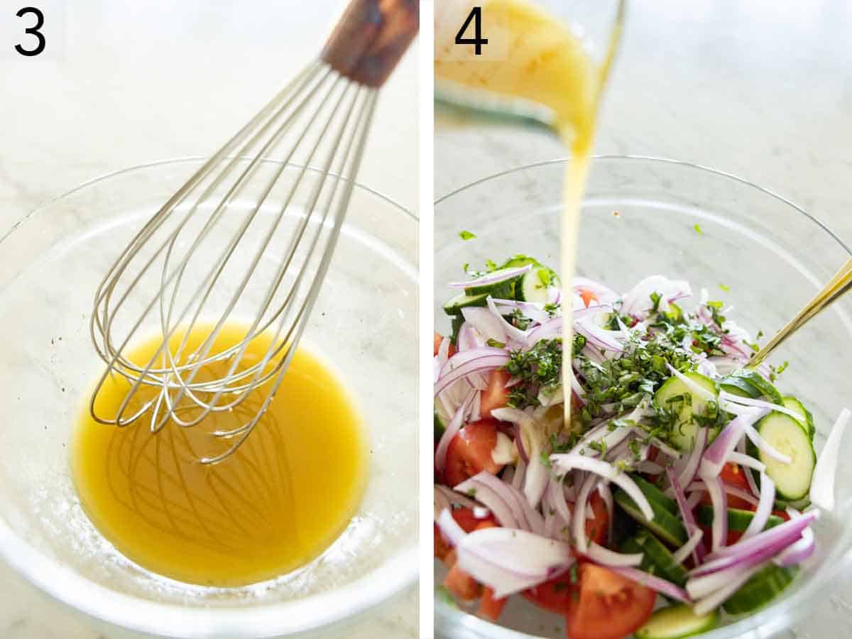 Set of two photos showing dressing whisked together and poured into the salad.