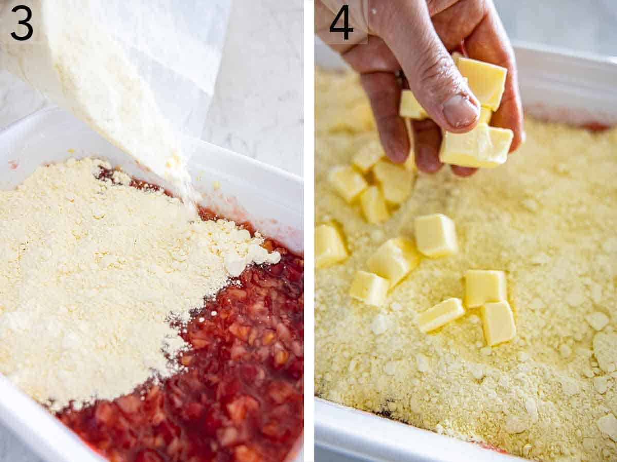 Set of two photos showing cake mix and butter added over top the cherry pie filling.