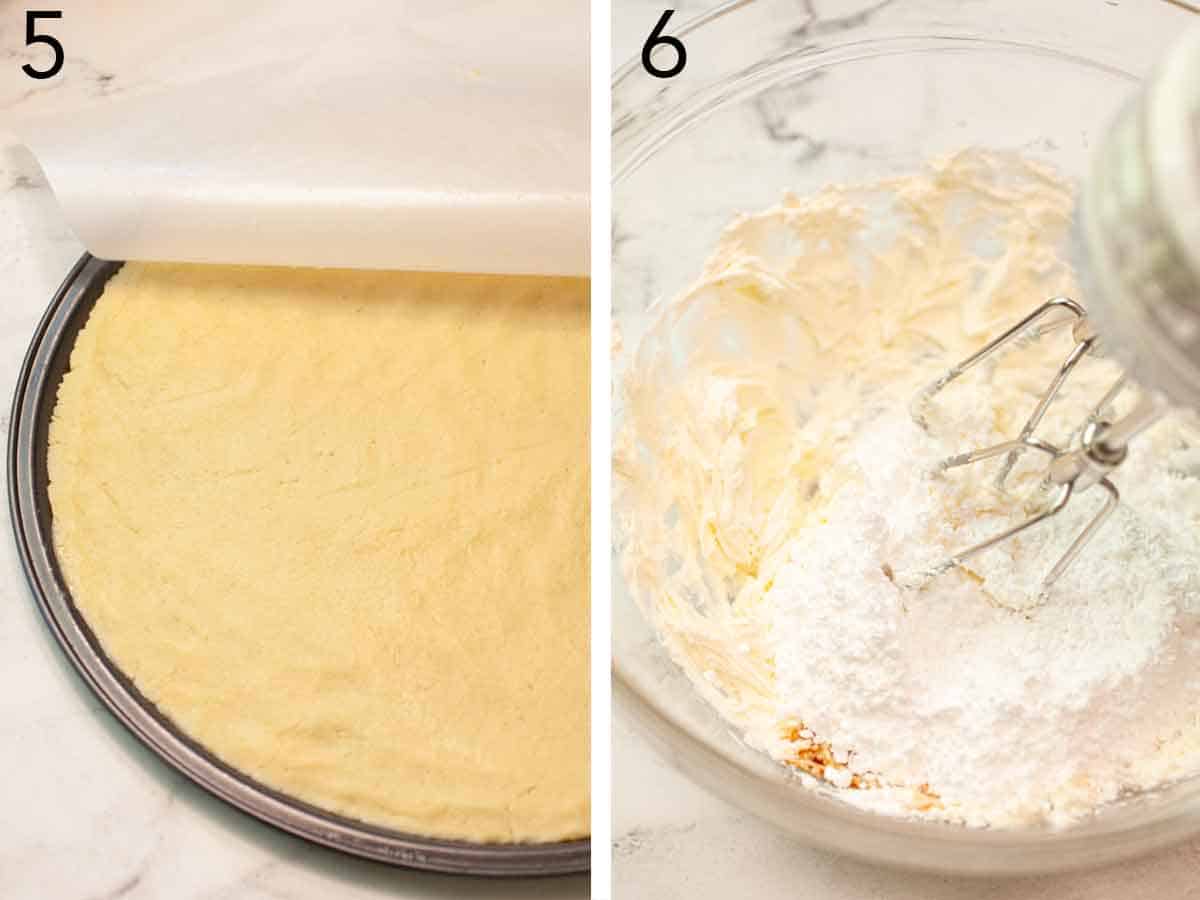 Set of two photos of the crust pressed into the pan and cream cheese mixed with sugar.
