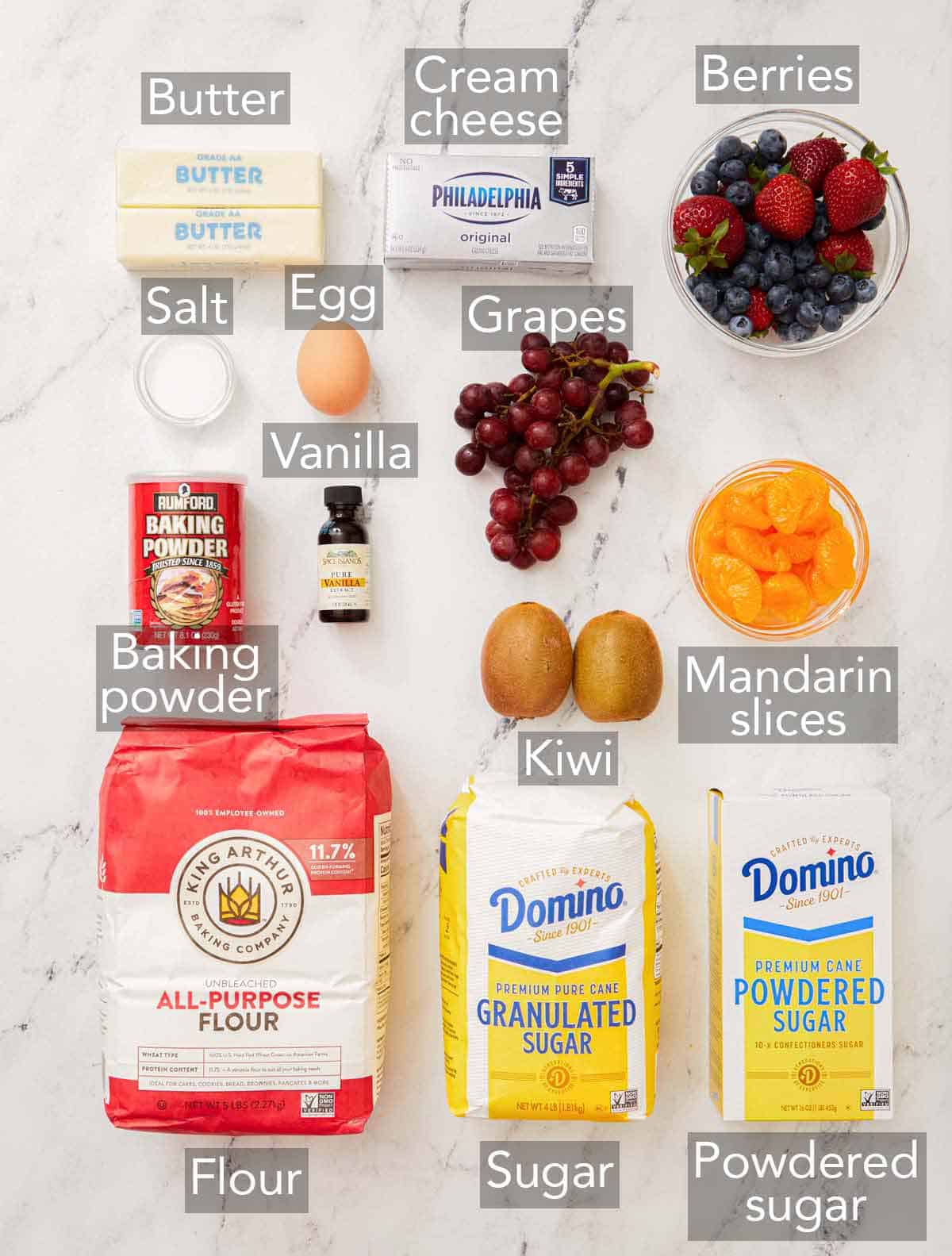 Ingredients needed to make a fruit pizza.