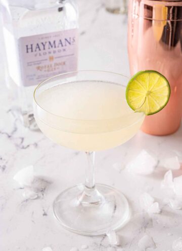 A gimlet cocktail with a lime wheel on the rim of the glass. Gin and cocktail shaker in the background.