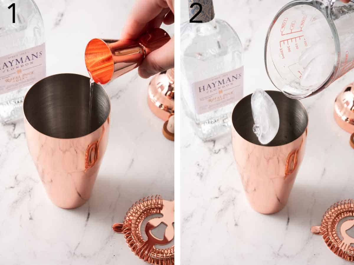 Set of two photos showing gin and ice poured into a shaker.