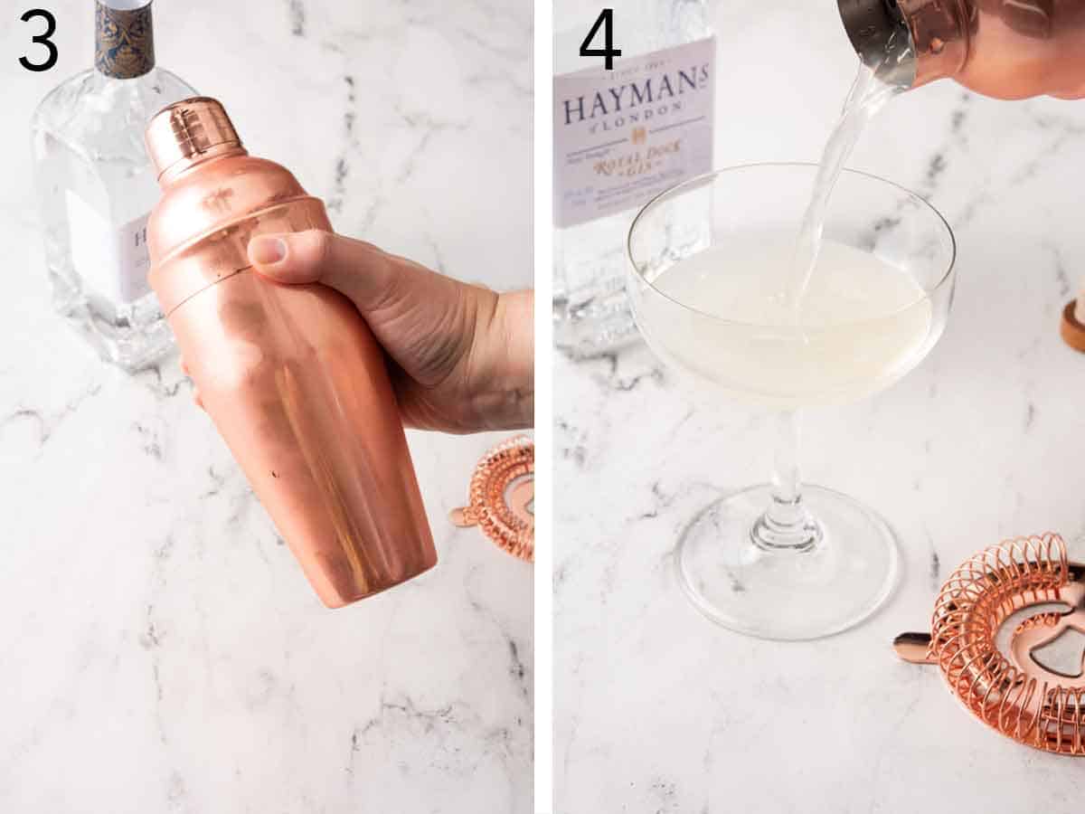 Set of two photos showing a shaker shook and strained into a glass.