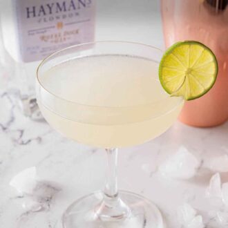 Pinterest graphic of a gimlet with a lime slice on the rim of the glass with a shaker and bottle of gin in the back.