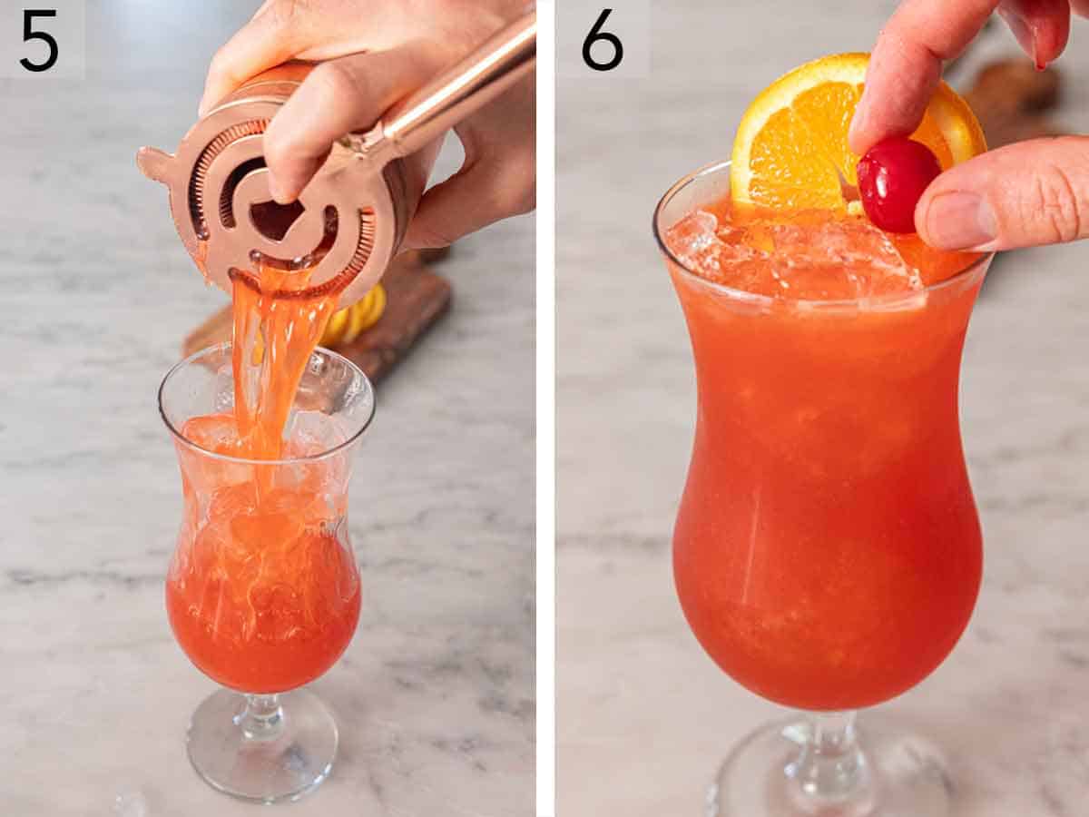 Set of two photos showing drink strained from the shaker to the glass of ice then garnished.