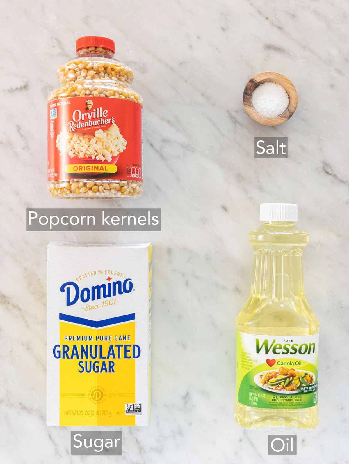Ingredients needed to make kettle corn.