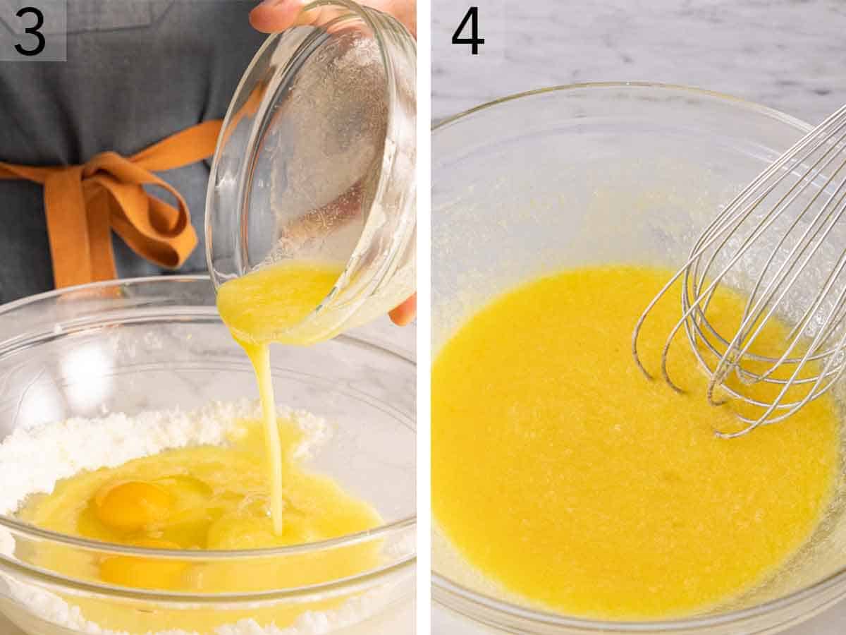 Set of two photos showing wet ingredients and the sugar mixture combined and whisked.