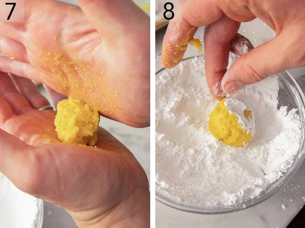 Set of two photos showing the cookie batter rolled into a ball and rolled into powder sugar.