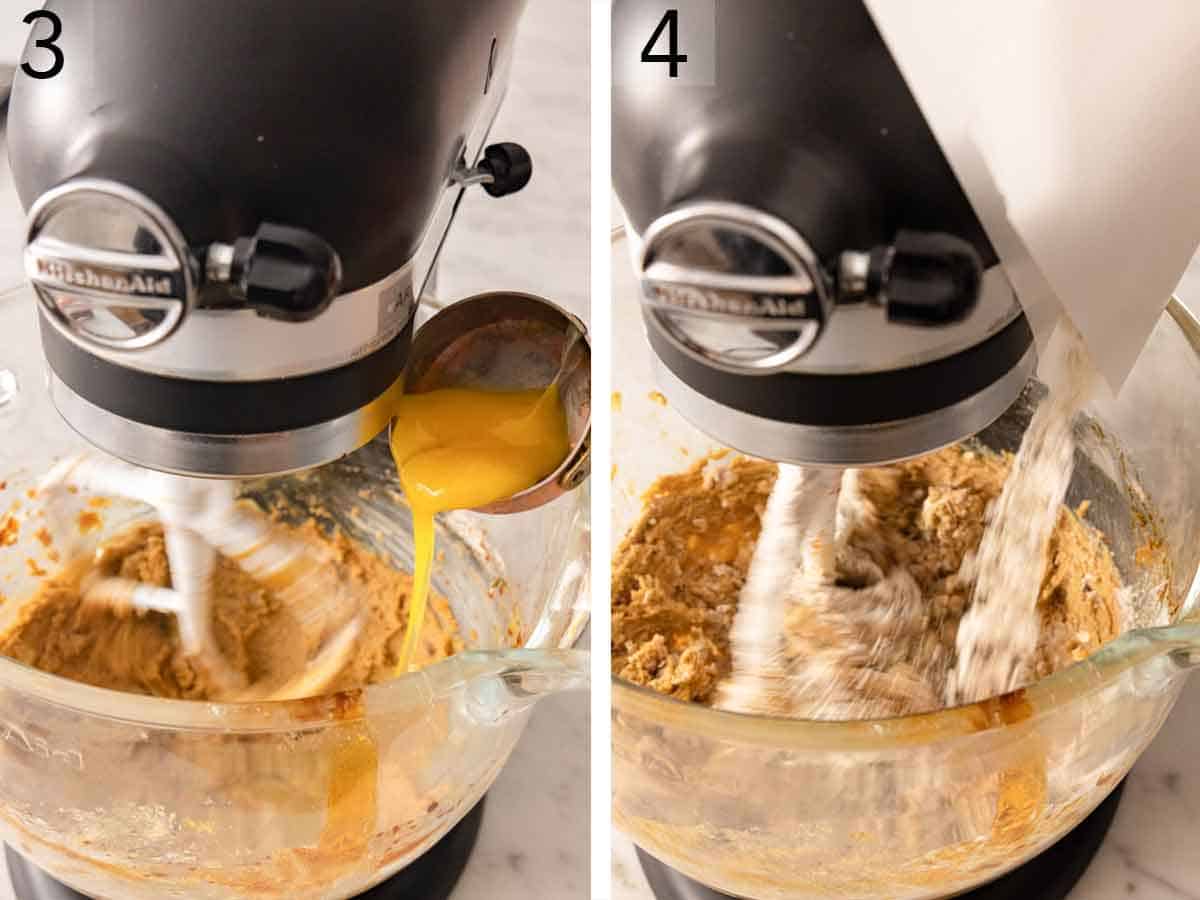 Set of two photos showing egg and dry mixture poured into a running mixer.