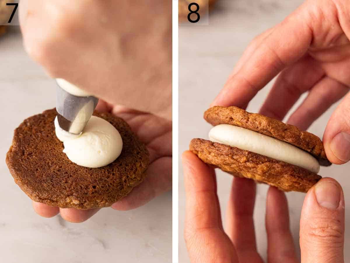 Set of two photos showing an oatmeal cream pie being assembled.