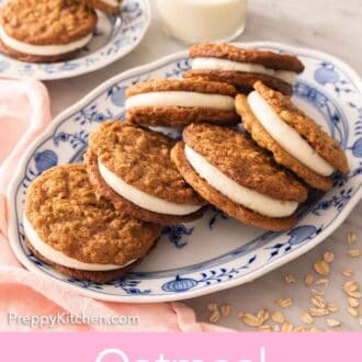 Pinterest graphic of a platter with multiple oatmeal cream pies with two more on a plate in the background along with milk.