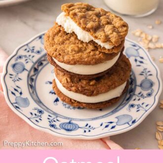 Pinterest graphic of a plate with three stacked oatmeal cream pies with the top oatmeal cream pie cut in half.
