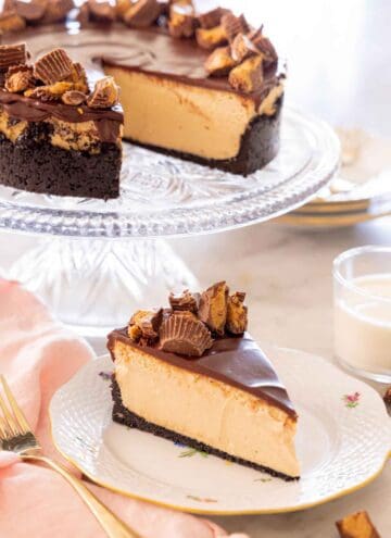A slice of peanut butter cheesecake on a plate in front of a cake stand with the rest of the cake.