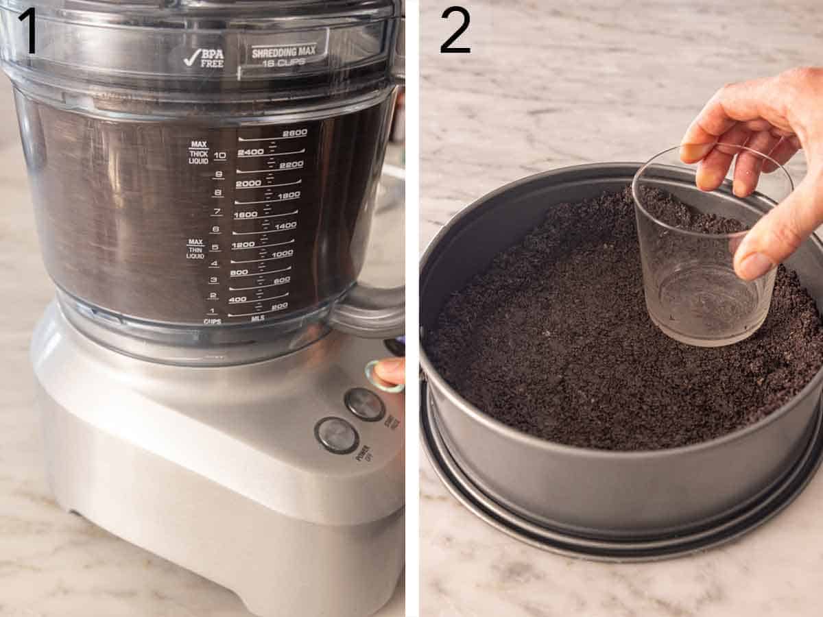 Set of two photos showing oreo cookies blitzed in a food processor and pressed into a springform pan.
