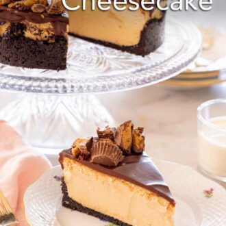 Pinterest graphic of a slice of peanut butter cheesecake on a plate in front a cake stand with the rest of the cake.