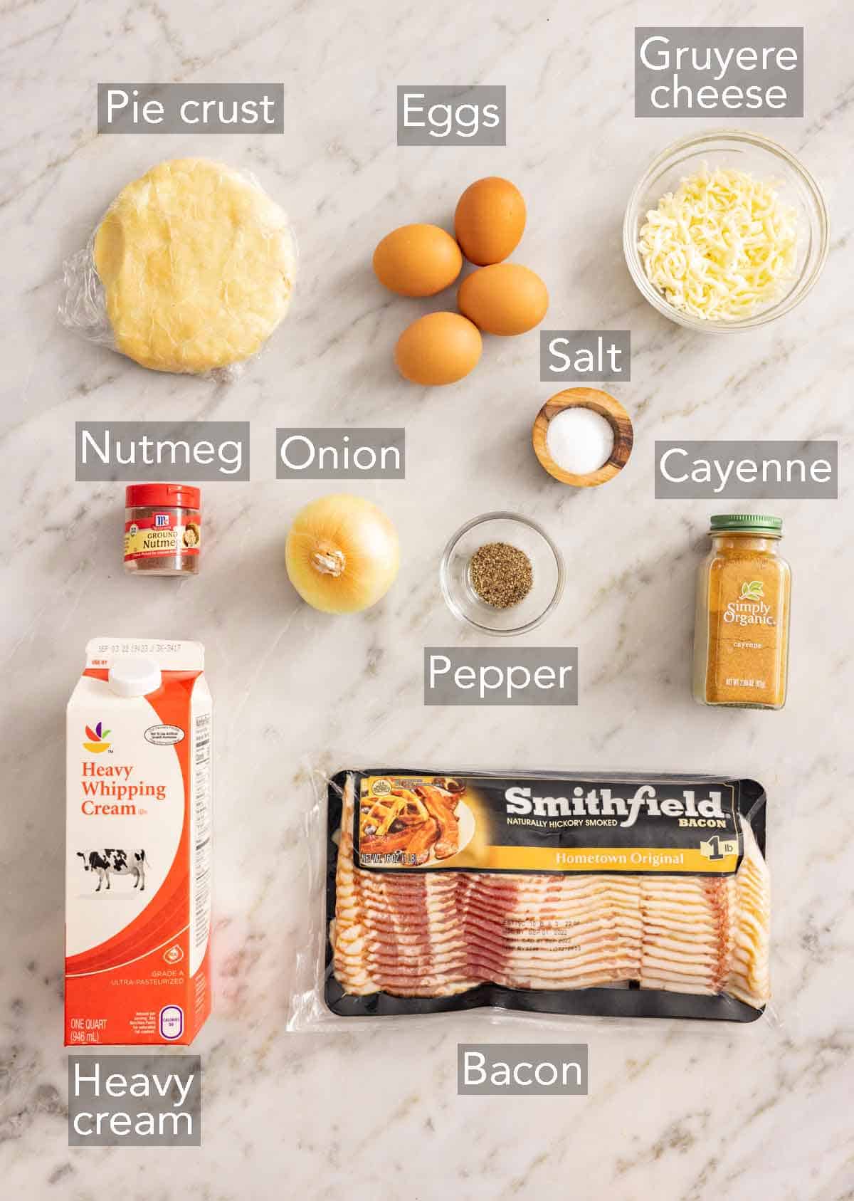 Ingredients needed to make quiche Lorraine.