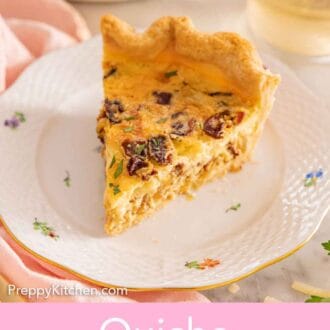 Pinterest graphic of a plate with a slice of quiche Lorraine and a drink behind it.