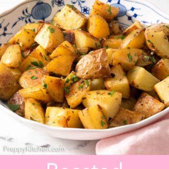 Pinterest graphic of a bowl of roasted potatoes with chopped parsley on top.