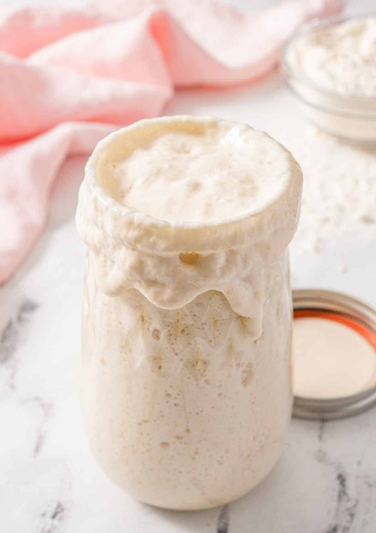 A mason jar with a bubbly sourdough starter with a pink linen and bowl of flour in the background.