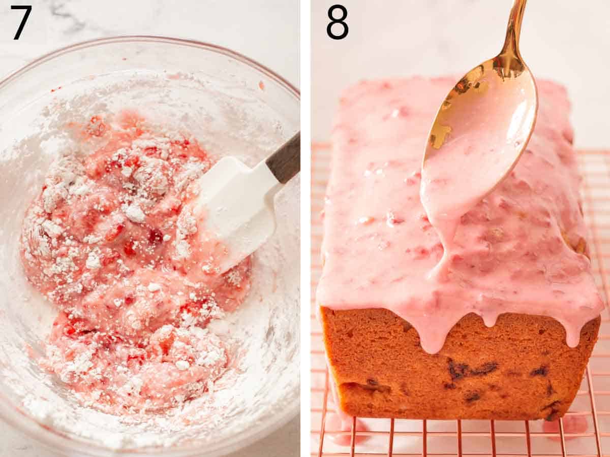 Set of two photos showing glaze mixed and spooned over the loaf.