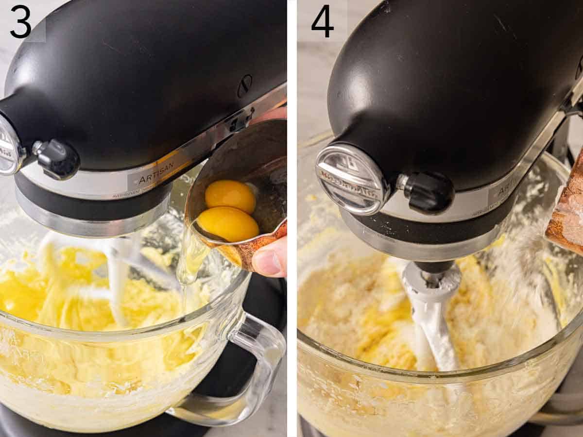 Set of two photos showing eggs and dry mixture added to a mixer.