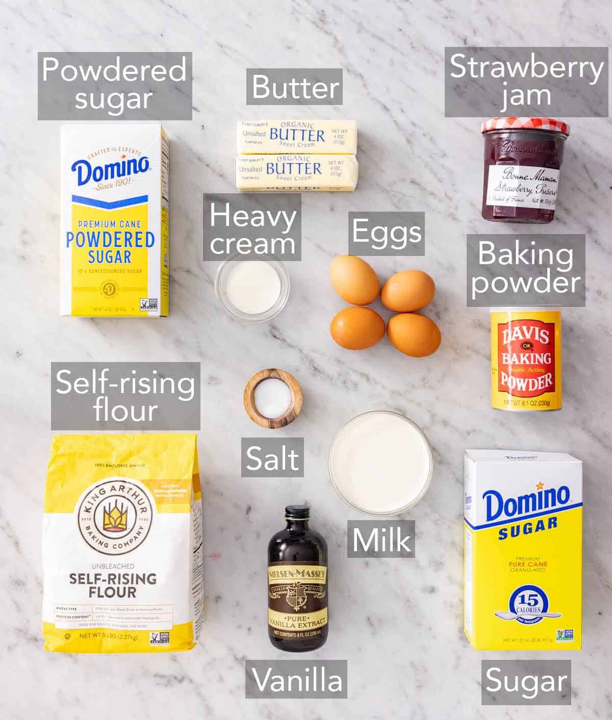 Ingredients needed to make Victoria sponge cake.