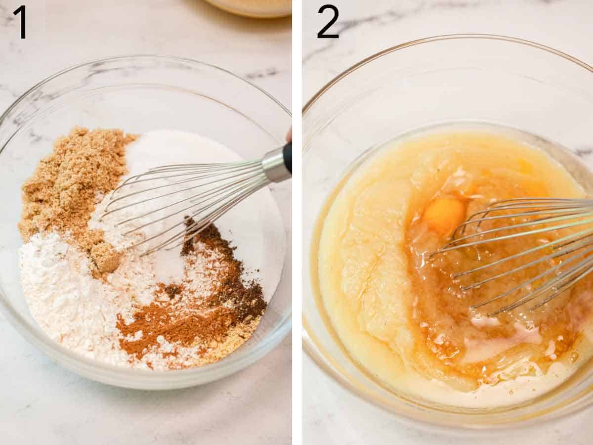 Set of two ingredients showing dry and wet ingredients whisked separately.