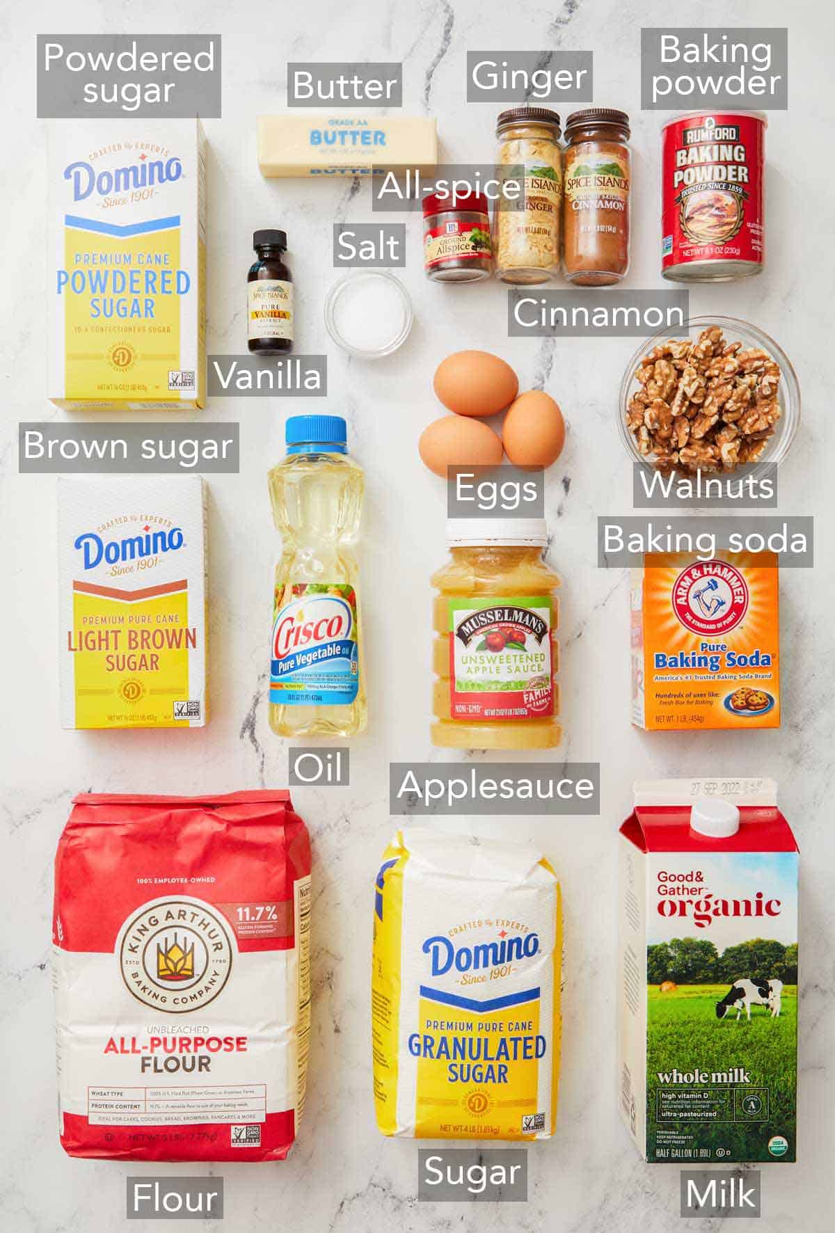 Ingredients needed to make applesauce cake.