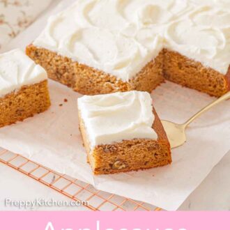 Pinterest graphic of a frosted applesauce cake with a few pieces cut out.