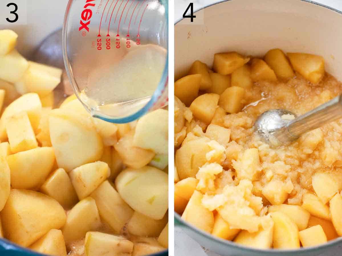 Set of two photos showing lemon juice poured into the pot of apples and them blended with an immersion blender.