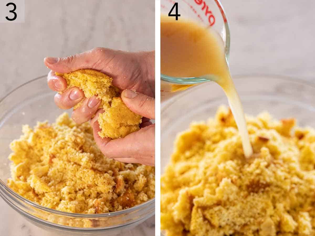 Set of two photos showing bread being ripped up into a bowl and stock poured into the bowl.