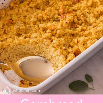 Pinterest graphic of a baking dish with cornbread dressing with a spoon inside.