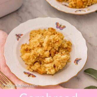 Pinterest graphic of a plate of cornbread dressing with another in the background along with a baking dish.