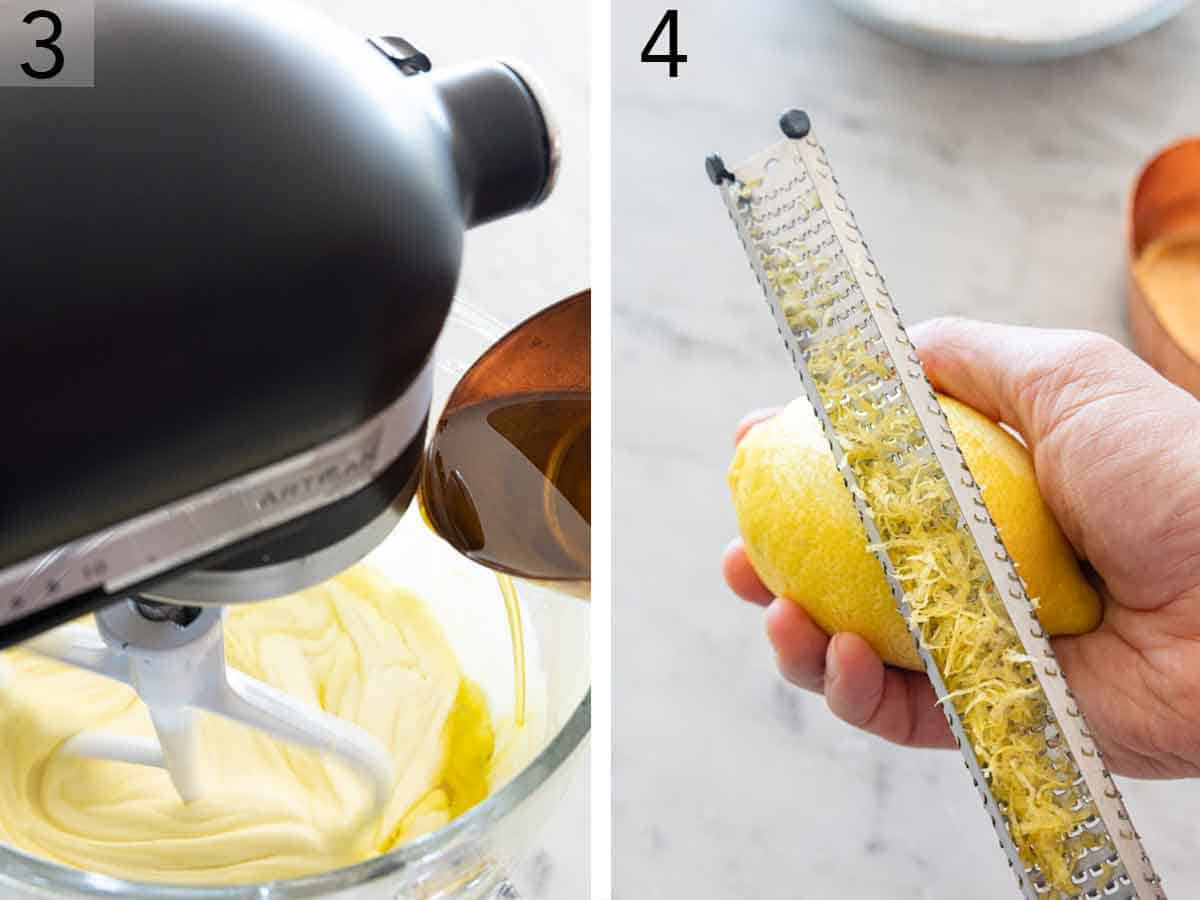 Set of two photos showing oil added to a mixer and a lemon zested.