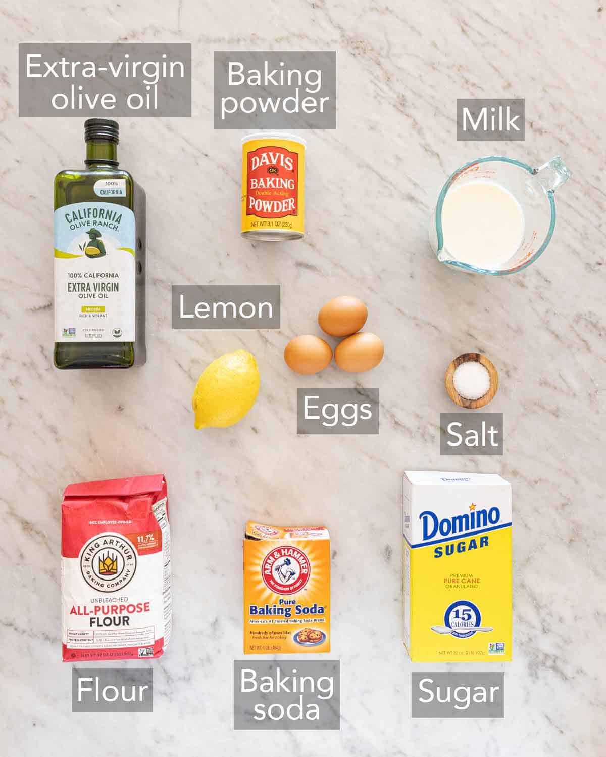 Ingredients needed to make olive oil cake.