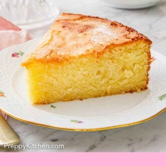 Pinterest graphic of a slice of olive oil cake on a plate with a teacup in the background.