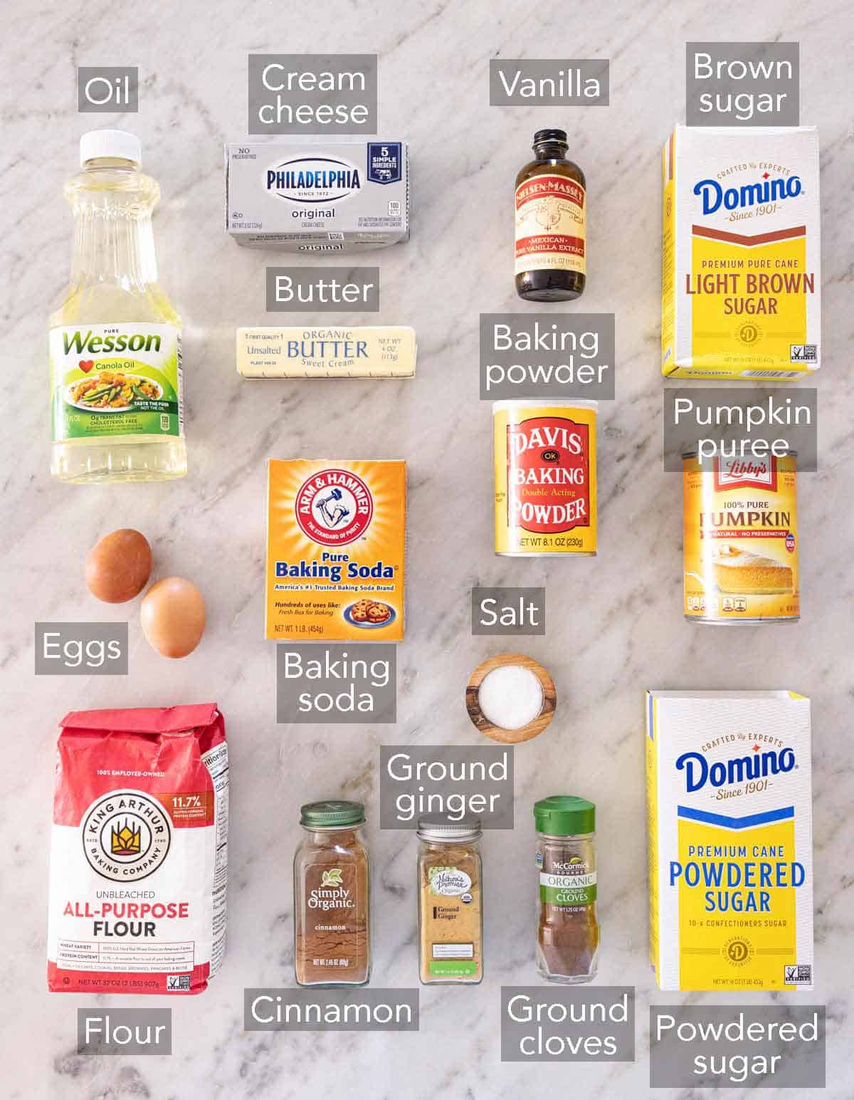 Ingredients needed to make pumpkin whoopie pies.