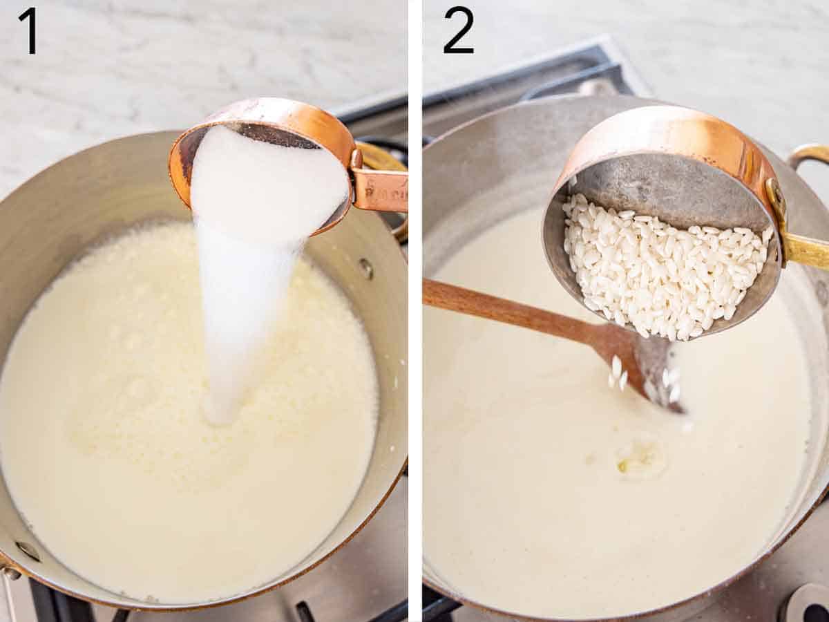 Set of two photos showing sugar added to a pot of milk and rice added.