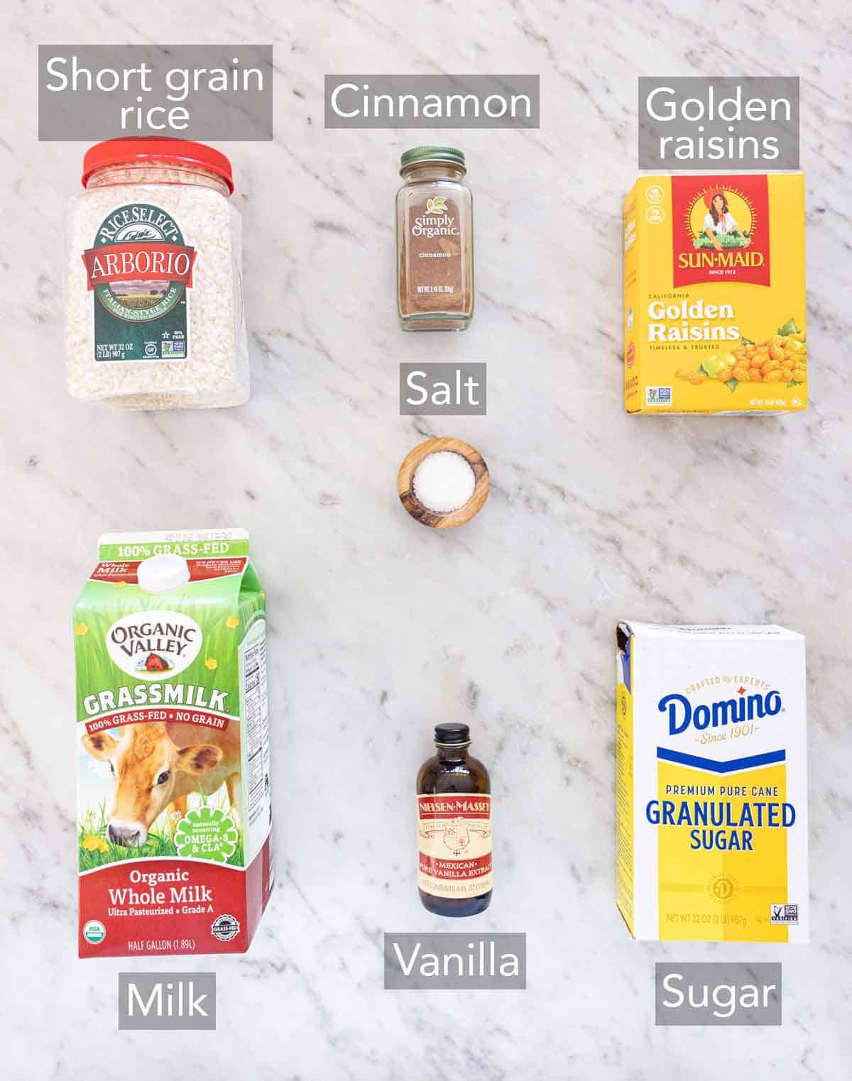 Ingredients needed to make rice pudding.